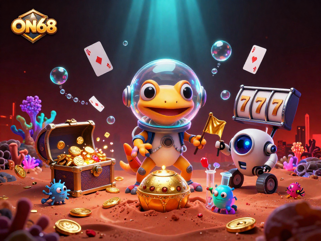 ON68 Martian gecko explores a golden casino with slot reels and colorful gems in a vibrant 3D scene.