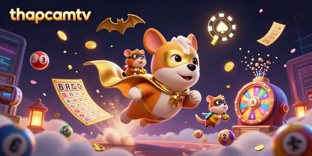 Engage with thapcamtv's vibrant, action-packed cartoon scene showcasing a superhero dog and hamster in a dynamic casino-themed adventure.