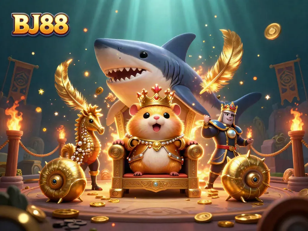 BJ88 unleashes excitement with a vivid scene of a hamster king and seahorse guards in a lively casino setting.