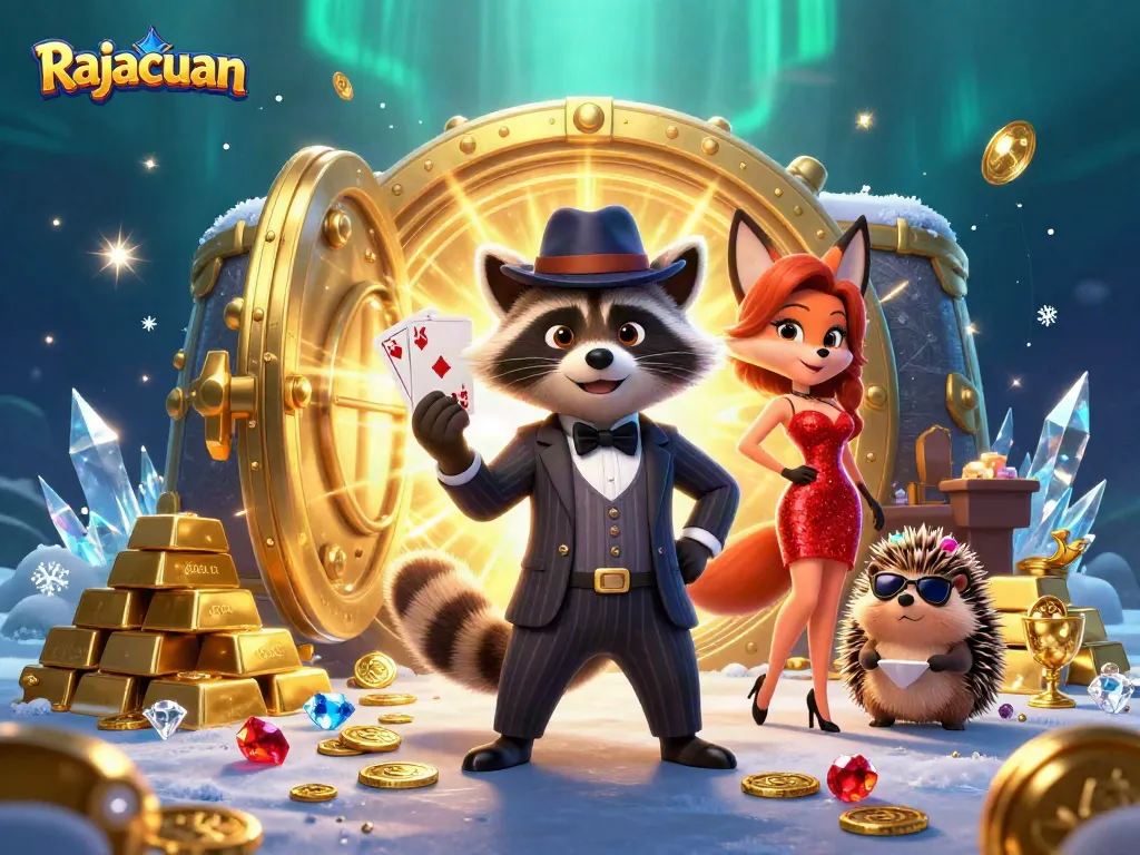 Experience the thrill of Rajacuan with a suave raccoon holding a royal flush in this vibrant casino scene.