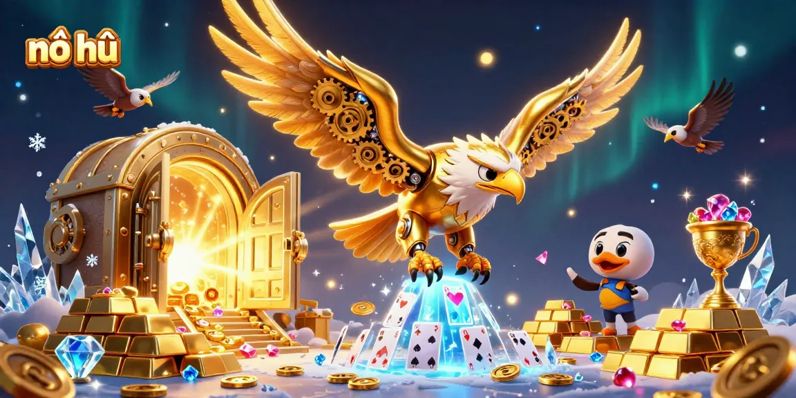 Experience the excitement of nổ hũ with a stunning golden eagle and dynamic casino elements in this vibrant illustration.