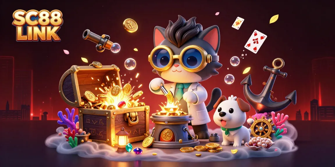 Experience the excitement of SC88 LINK with vibrant casino elements and engaging characters in a unique 3D illustration.