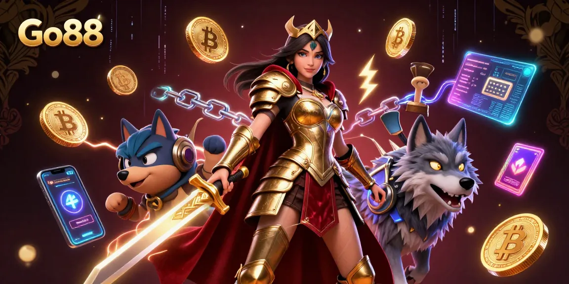Experience exciting gaming at Go88 with a warrior queen and glowing wolf amidst crypto elements.