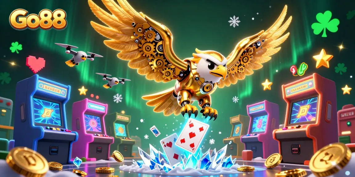 Join the thrill of gaming on Go88 with a golden eagle soaring through holographic cards and neon arcade machines.