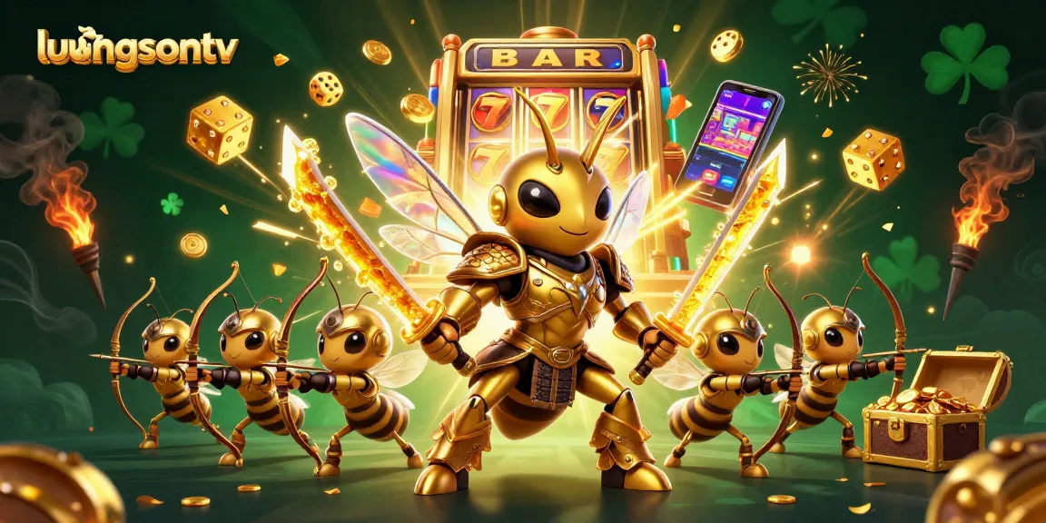 luongsontv showcases thrilling 3D illustration of a golden hornet engaging with dynamic casino game elements.