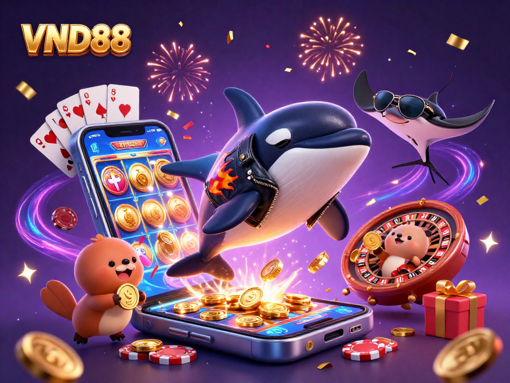 VND88 brings excitement with a cheerful scene of an orca, stingray, and otters amidst casino games.