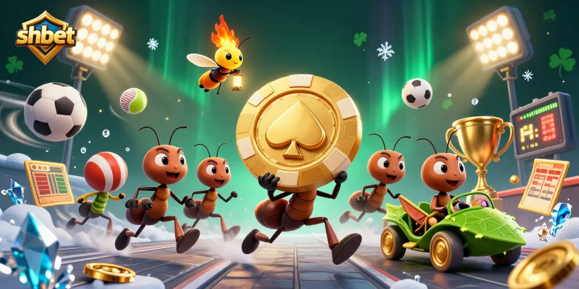 shbet team of ants running a heist for a golden poker chip, showcasing dynamic sports-related imagery