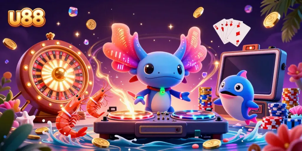 Experience fun gaming with u88 in a colorful underwater casino scene featuring vibrant characters.