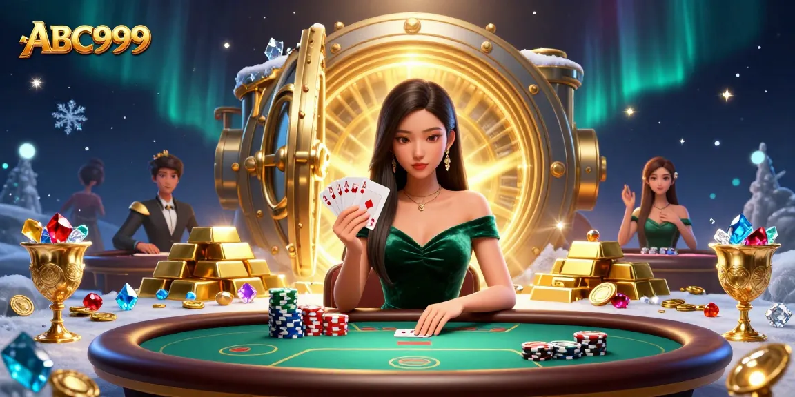 ABC999 players strategizing at a luxury poker table amidst dazzling treasures and winning elements.
