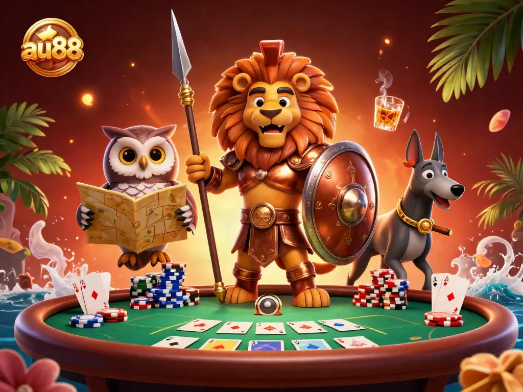Engage in exciting poker gameplay at au88 with a lion warrior, owl strategist, and greyhound messenger.