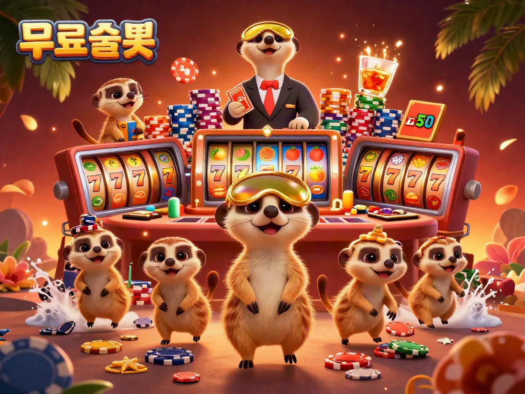 Engaging scene of playful meerkats showcasing a thriving 무료슬롯 operation with colorful elements in a lively casino atmosphere.