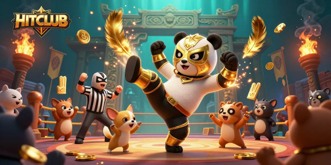 Experience HITCLUB's thrilling atmosphere with an animated panda showcasing a flying kick in a vibrant casino scene.