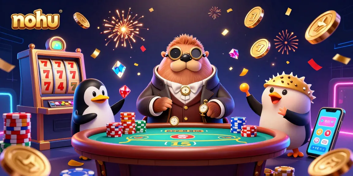 Nohu gaming scene with a walrus, penguin dealer, and pufferfish amid cascading coins and colorful poker chips.