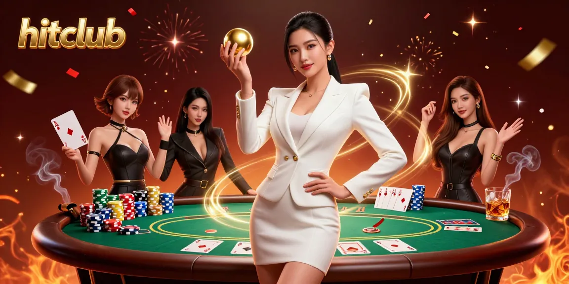 Engage with hitclub's vibrant casino thrill featuring a stylish woman in a tuxedo holding a golden roulette ball.