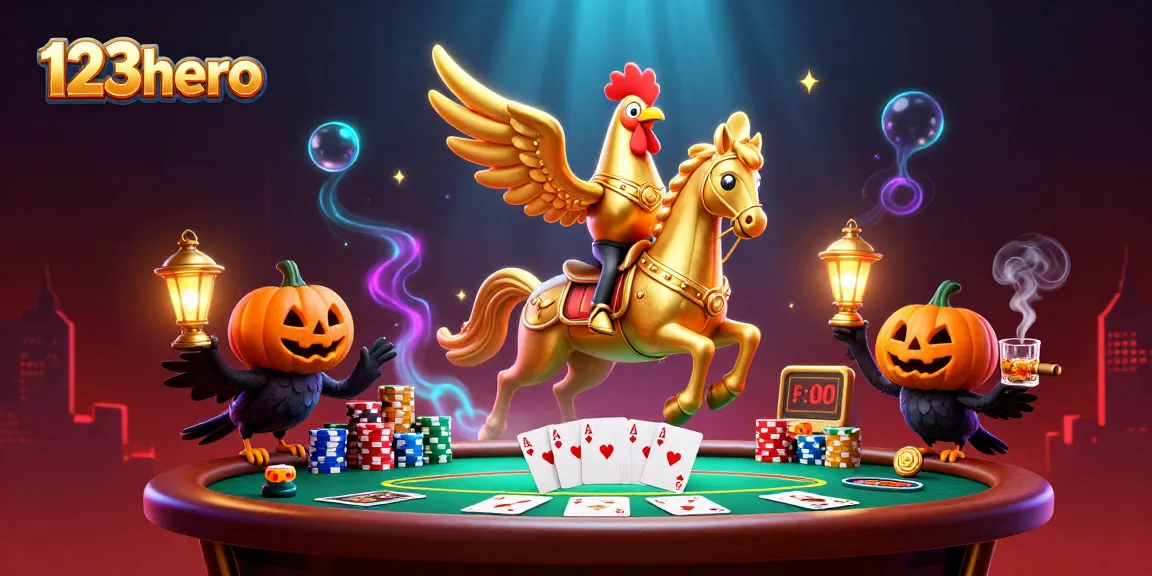 Experience the magical 123hero casino adventure with a golden rooster amid poker thrills.