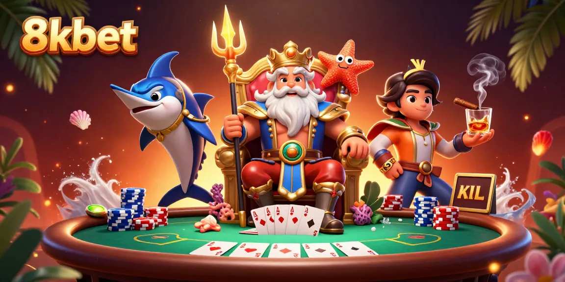 Join the thrilling action of 8kbet's casino scene, featuring Neptune, samurai, and poker excitement.