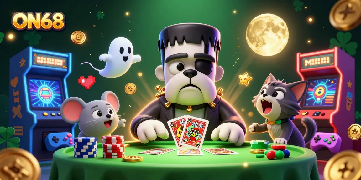 Experience thrilling casino action with ON68 featuring a Frankenstein bulldog dealing cards in a spooky setting.