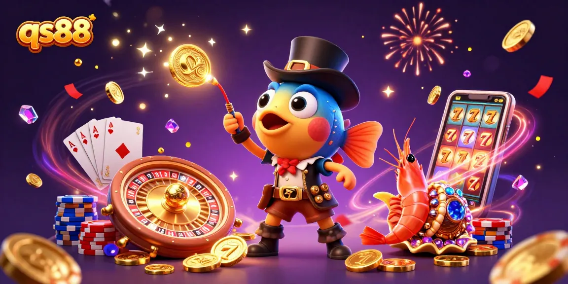 Experience the excitement of qs88 with a dazzling display of coins, cards, and characters celebrating together.