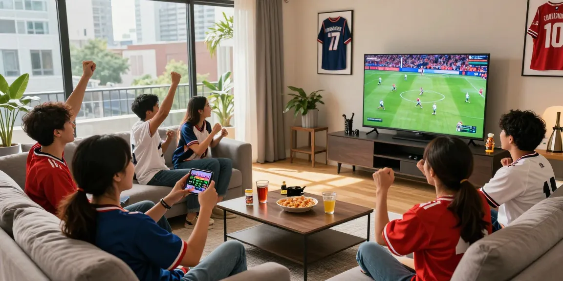 Friends enjoying live sports in a lively home setting, cheering on their team.