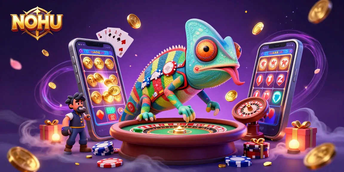Experience the vibrant NOHU casino scene with a chameleon owner amidst exciting gaming elements.