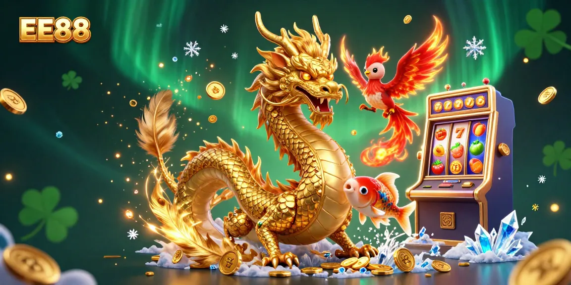 Experience thrilling action with EE88 as a fierce golden dragon, phoenix, and koi fish engage in a vibrant casino adventure.